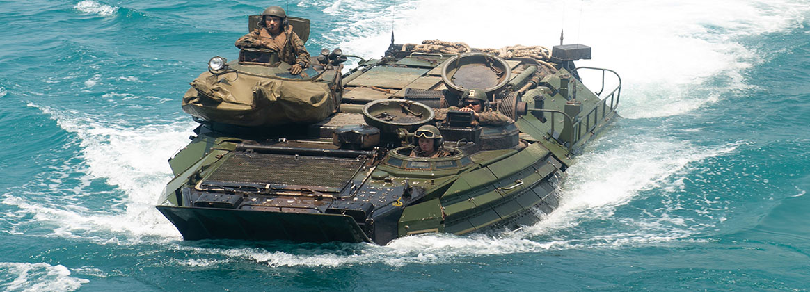 GULF OF THAILAND (March 11, 2020)  -  31st Marine Expeditionary Unit (MEU) Marines embarked aboard the San Antonio-class amphibious transport dock ship USS Green Bay (LPD 20) operate assault amphibious vehicles. Green Bay, part of the America Expeditionary Strike Group, 31st Marine Expeditionary Unit team, is operating in the U.S. 7th Fleet area of operations to enhance interoperability with allies and partners and serve as a ready response force to defend peace and stability in the Indo-Pacific region. 