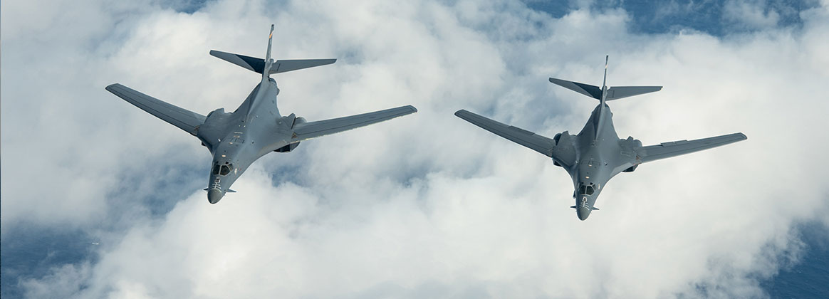 ANDERSEN AIR FORCE BASE, Guam (Nov. 13, 2020) - U.S. Air Force B-1B Lancers participate in a joint training exercise during a Bomber Task Force deployment, Nov. 13, 2020, over the Pacific Ocean. Bomber Task Force missions demonstrate U.S. commitment to allies and partners throughout the Indo-Pacific area of responsibility and the ability of Air Force Global Strike Command to deliver lethal strike options for combatant commanders at a moment’s notice.