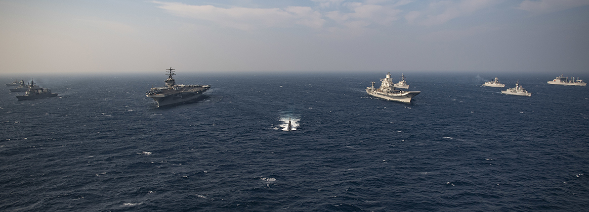 NORTH ARABIAN SEA (Nov. 17, 2020) Ships from the Royal Australian Navy, Indian Navy, Japanese Maritime Self-Defense Force, and the United States Navy participate in Malabar 2020. Malabar 2020 is the latest in a continuing series of exercises that has grown in scope and complexity over the years to address the variety of shared threats to maritime security in the Indo-Asia Pacific where the U.S. Navy has patrolled for more than 70 years promoting regional peace and security. Nimitz Carrier Strike Group is currently deployed to the 7th Fleet area of operations in support of a free and open Indo-Pacific.