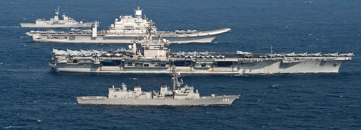 NORTH ARABIAN SEA (Nov. 17, 2020) - Ships from the Royal Australian Navy, Indian Navy, Japanese Maritime Self-Defense Force, and U.S. Navy sail in formation during Malabar 2020. Malabar 2020 is the latest in a continuing series of exercises that has grown in scope and complexity over the years to address the variety of shared threats to maritime security in the Indo-Pacific where the U.S. Navy has patrolled for more than 70 years promoting regional peace and security. Nimitz Carrier Strike Group is currently deployed to the 7th Fleet area of operations in support of a free and open Indo-Pacific. 