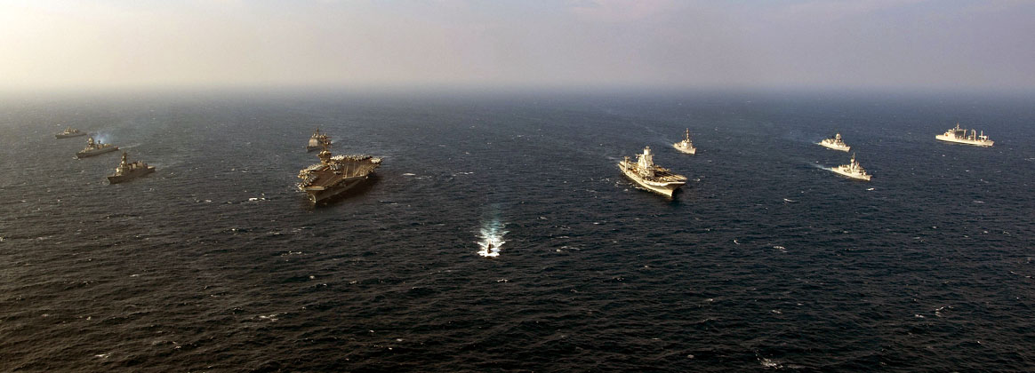 NORTH ARABIAN SEA (Nov. 17, 2020) - Ships from the Indian Navy, Japan Maritime Self-Defense Force (JMSDF), the Royal Australian Navy and the U.S. Navy sail in formation, Nov. 17, 2020, in the North Arabian Sea as part of Exercise Malabar 2020. Malabar 2020 is the latest in a continuing series of exercises that has grown in scope and complexity over the years to address the variety of shared threats to maritime security in the Indo-Asia Pacific where the U.S. Navy has patrolled for more than 70 years promoting regional peace and security. Nimitz Carrier Strike Group is currently deployed to the 7th Fleet area of operations in support of a free and open Indo-Pacific. 