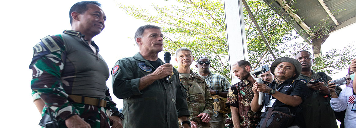 BATURAJA, Indonesia (Aug. 12., 2022) – Gen. Andika Perkasa, Commanding General of the Indonesian National Armed Forces, and Adm. John Aquilino, Commander, U.S. Indo-Pacific Command, meet with members of the media following a Combined Live Fire Exercise (CALFEX) for Super Garuda Shield on Aug. 12, 2022 in Baturaja, Indonesia. Super Garuda Shield, a part of Operation Pathways and a longstanding annual, bilateral military exercise conducted between the U.S. military and Indonesia National Armed Forces, reinforces the U.S. commitments to our allies, and regional partners, joint readiness, and the interoperability to fight and win together. 