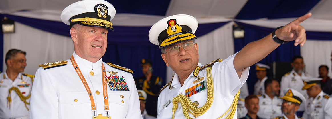 COX’S BAZAR, Bangladesh (December 07, 2022) - Adm. Samuel Paparo (left), Commander, U.S. Pacific Fleet, speaks with Vice Adm. Biswajit Das Gupta of the Indian Navy. Das Gupta and Paparo met for bilateral talks during the International Fleet Review, hosted by the Bangladesh Navy. The U.S. Pacific Fleet is committed to a free and open Indo-Pacific region. 