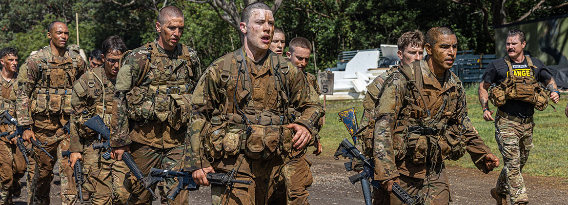 SCHOFIELD BARRACKS, Hawaii (May 29, 2023) - U.S. Army Soldiers with 25th Infantry Division and U.S. Air Force Airmen, conduct day seven which includes a three-mile run to the obstacle course and go through the course afterwards run back to Lightning Academy during Small Unit Ranger Tactics course at Lightning Academy, Hawaii, May 29, 2023. SURT is a three week course that serves as a progresive physical and tactical program to prepare students to be successful during the Ranger Assessment Phase and Darby Phase of Ranger School. 