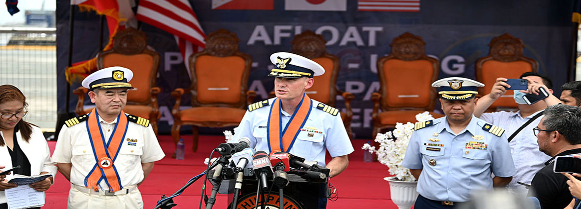 MANILA, Philippines (June 1, 2023) - Capt. Brian Krautler, commanding officer of U.S. Coast Guard Cutter Stratton (WMSL 752), addresses the media following Stratton’s arrival to Manila, Philippines, for a trilateral engagement with the Philippine and Japan Coast Guards, June 1. Stratton deployed to the Western Pacific under U.S. Navy 7th Fleet command to serve as a non-escalatory asset for the promotion of a rules-based order in the maritime domain by engaging with partner nations and allies in the region.