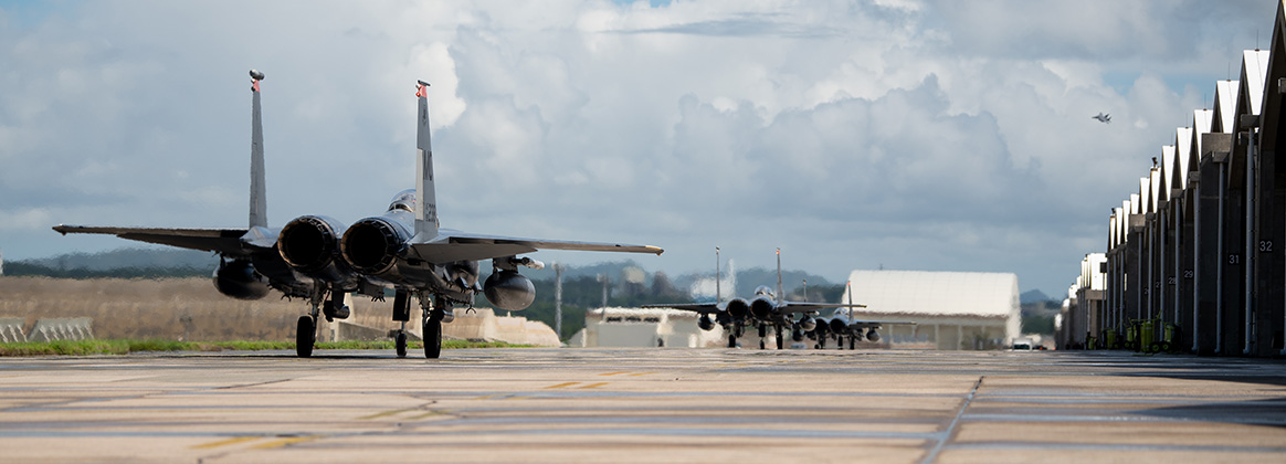 230922-F-PW483-1003 KADENA AIR BASE, Japan (Sept. 22, 2023) F-15E Strike Eagles assigned to the 391st Fighter Squadron taxi to the runway during a no-notice fighter dispersal exercise at Kadena Air Base, Japan, Sept. 22, 2023. The exercise tested the 18th Wing’s ability to rapidly generate airpower to defend Japan and ensure regional stability. (U.S. Air Force photo by Staff Sgt. Jessi Roth) 