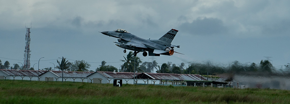 230924-F-PG394-5049 MALAYSIA (Sept. 24, 2023) A U.S. Air Force F-16 Fighting Falcon from the 51st Fighter Wing, Osan Air Base, South Korea, taxis at Royal Malaysian Air Force P.U. Butterworth, Malaysia, in support of Cope Taufan 23, Sept. 24, 2023. Cope Taufan 23 promotes regional stability through improved mutual understanding and partner relationship building. (U.S. Air Force photo by 1st Lt. Samantha Perez) 
