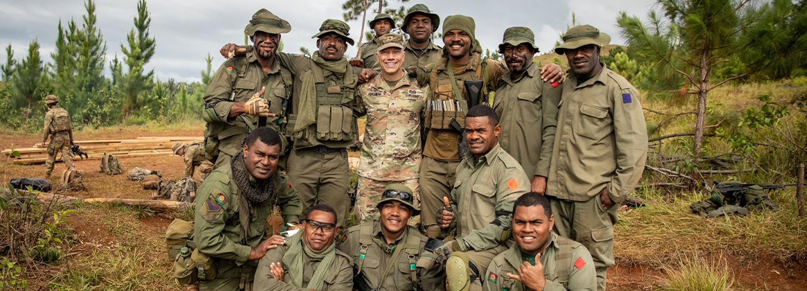 230924-A-MK350-3749 NAUSORI HIGHLANDS, Fiji (Sept. 24, 2023) Nevada Army National Guard leadership, including Brig. Gen. Troy Armstrong, center, visited with Soldiers and military personnel from allied partner nations in the South Pacific this past weekend during Exercise Cartwheel 2023, a multinational military training exercise conducted in Fiji this month. Service members from the Nevada National Guard of the U.S. military, along with others from Australia, New Zealand, United Kingdom, and the Republic of Fiji, are training during the exercise. (U.S. Army National Guard photo by Staff Sgt. Zandra Duran) 