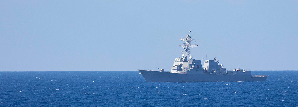 230928-N-NF288-043 SOUTH CHINA SEA (Sept. 28, 2023) The Arleigh Burke-class guided-missile destroyer USS Rafael Peralta (DDG 115) steams past the USS Ralph Johnson (DDG 114) in the South China Sea, Sept. 28. Ralph Johnson is forward-deployed and assigned to Commander, Task Force 71/Destroyer Squadron (DESRON) 15, the Navy’s largest DESRON and the U.S. 7th Fleet’s principal surface force. (U.S. Navy photo by Mass Communication Specialist 1st Class Jamaal Liddell) 