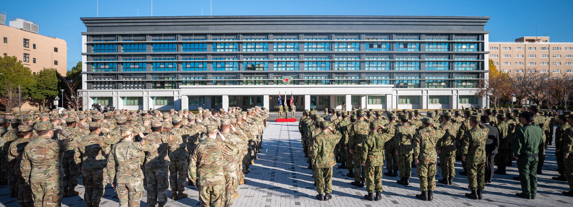 231204-A-VC863-1012 SAITAMA, Japan (Dec. 4, 2023) U.S. Army, Japan Ground Self-Defense Force, and Australian Army Soldiers, render a salute during the opening ceremony of Yama Sakura 85 in Camp Asaka, Saitama, Japan, Dec. 4, 2023. As a part of U.S. Army Pacific's Operation Pathways, the 43rd iteration of Yama Sakura exercise, YS 85, is the first U.S. Army, Japan Ground Self-Defense Force, and Australian Army command post exercise based in Japan. Participants from the JGSDF and the Australian Army train together with Soldiers of the U.S. Army I Corps, 7th Infantry Division, 11th Airborne Division, U.S. Army Japan, U.S. Army Reserve and U.S. Army National Guard in a Joint environment to strengthen multi-domain and cross-domain interoperability and readiness to ensure a free and open Indo-Pacific. (U.S. Army Photo by Pfc. Elijah Magaña)