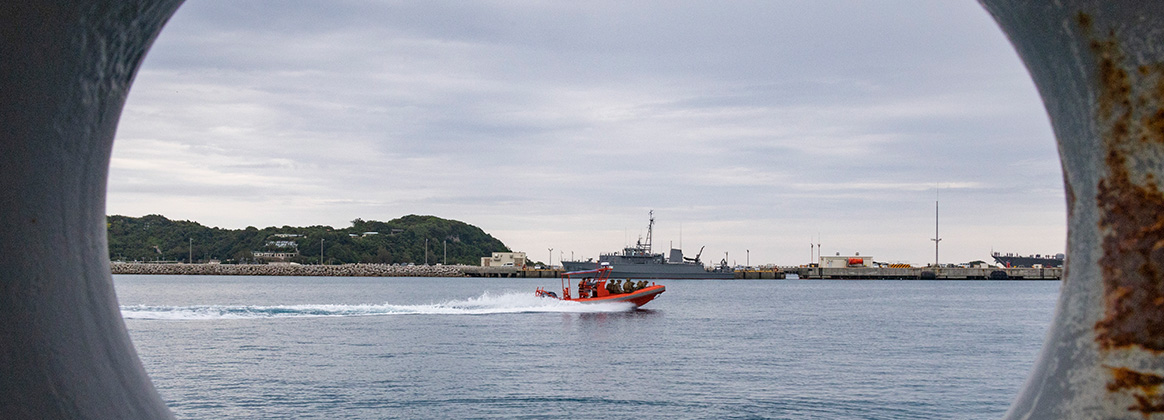 231206-M-WE079-1152 WHITE BEACH NAVAL FACILITY, Japan (Dec. 6, 2023) U.S. Marines with the maritime raid force, 31st Marine Expeditionary Unit, depart from U.S. Army landing craft, USAV Calaboza (LCU 2009) during a visit, board, search, and seizure training at White Beach Naval Facility, Okinawa, Japan, Dec. 6, 2023. VBSS is part of maritime interception operations that aim to delay, disrupt, or destroy enemy forces or supplies in the maritime domain. The 31st MEU, the Marine Corps’ only continuously forward-deployed MEU, provides a flexible and lethal force, ready to perform a wide range of military operations as the premiere crisis response force in the Indo-Pacific region. (U.S. Marine Corps photo by Cpl. Tyler Andrews)