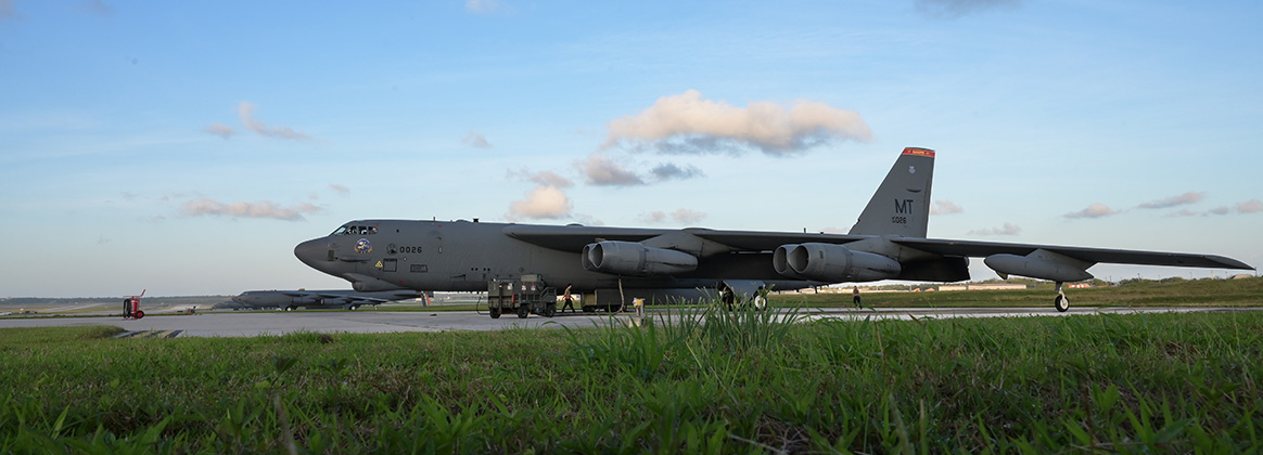 240228-F-EY126-1003 GUAM (Feb. 28, 2024) A U.S. Air Force B-52H Stratofortress assigned to the 23rd Expeditionary Bomb Squadron sits waiting for departure at Andersen Air Force Base, Guam, to support a routine Bomber Task Force mission, Feb. 28, 2024. Demonstrating cutting-edge capabilities, forward presence, and commitment to U.S. Allies and partners communicate the United States resolve in the Indo-Pacific. (U.S. Air Force photo by Master Sgt. Amy Picard)