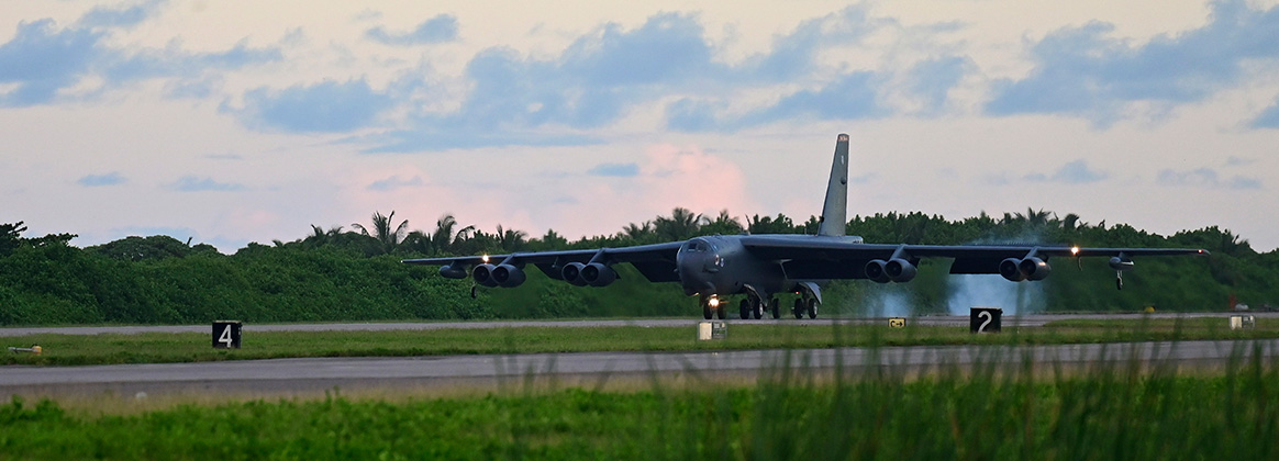 240322-F-VY794-9097 DIEGO GARCIA (March 21, 2024) A B-52 Stratofortress assigned to the 2nd Bomb Wing at Barksdale Air Force Base, Louisiana, arrives at Navy Support Facility, Diego Garcia in support of a Bomber Task Force mission, March 22, 2024. The U.S. routinely and visibly demonstrates commitment to our allies and partners through the global employment of our military forces. (U.S. Air Force photo by Master Sgt. Staci Kasischke)